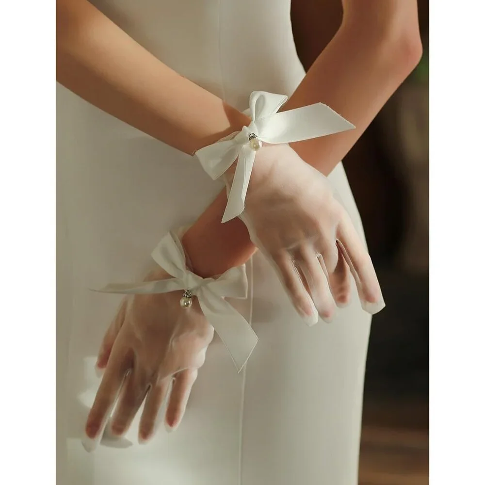 Women's Tulle Mesh Green Bow Pearl Short Gloves Hallowmas Wedding Accessory